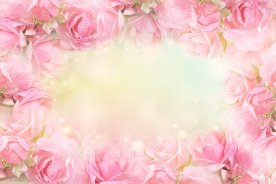 Fototapeta sweet pink rose flower frame on soft bokeh vintage backgrond for valentine or wedding 