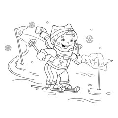 Coloring Page Outline Of cartoon boy riding on skis. Winter sports. Coloring book for kids