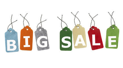 Gift tags isolated on white background. Sale labels. Price tags. Special offer and promotion. Store discount. Shopping time. Label from different color felt.