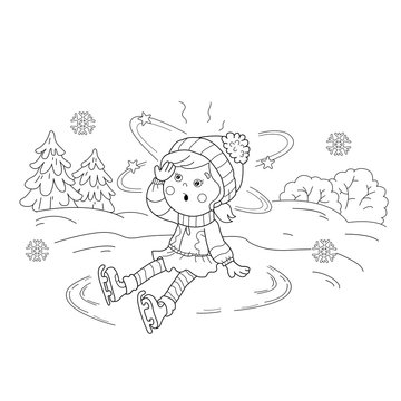 Coloring Page Outline Of cartoon girl skating. Winter sports. Sudden drop. Coloring book for kids
