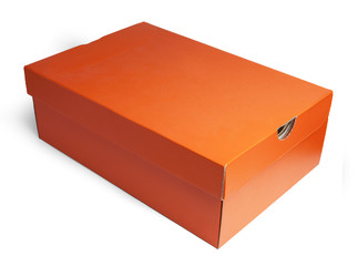 Closed cardboard box, full face. Orange and brown paper box isolated on white background with clipping path.