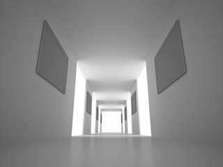Interior. Empty Corridor with blank frames. White Architecture Background. 3d Render Illustration.