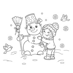 Coloring Page Outline Of cartoon boy with snowman. Winter. Coloring book for kids