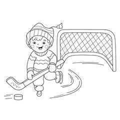 Fototapeta premium Coloring Page Outline Of cartoon boy playing hockey. Winter sports. Coloring book for kids