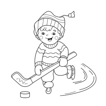Coloring Page Outline Of cartoon boy playing hockey. Winter sports. Coloring book for kids