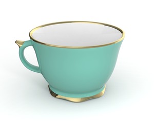 Isolated antique porcelain cup with gold on white background. 3D Illustration.