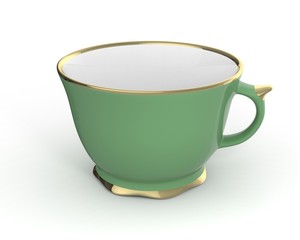 Isolated antique porcelain cup with gold on white background. 3D Illustration.