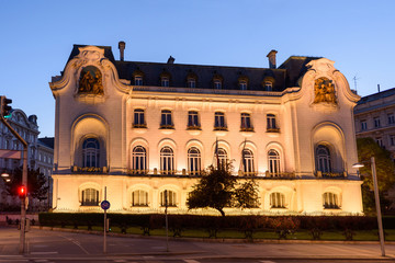 Fototapeta na wymiar French embassy building at night in the old town is a unesco world heritage site, vienna, austria