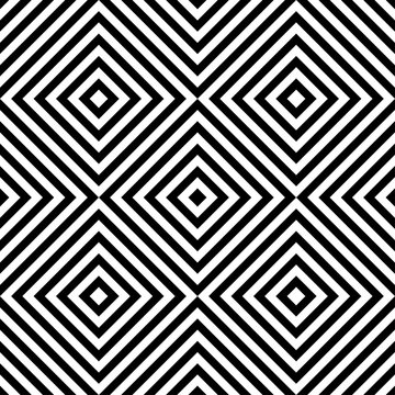 Abstract vector seamless op art pattern with rhombus. Monochrome graphic black and white ornament. Striped optical illusion repeating texture.