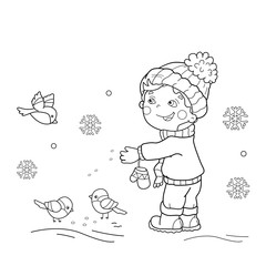 Coloring Page Outline Of cartoon boy feeding birds. Winter. Coloring book for kids