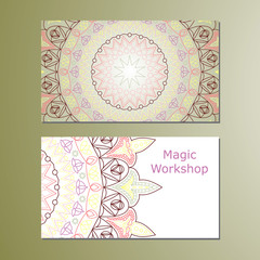 Templates of business card with color ornament mandala for print or website. Vector illustration. Card template for print.