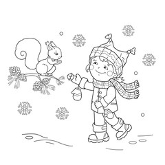 Coloring Page Outline Of cartoon girl feeding a squirrel. Winter. Coloring book for kids