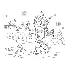 Coloring Page Outline Of cartoon girl feeding birds. Winter. Coloring book for kids