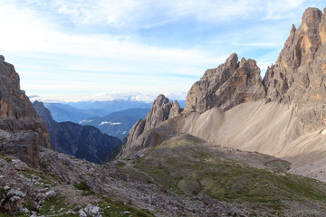 Sexten Dolomites Mountain panorama and alpine hut Rifugio Carducci in South Tyrol, Italy