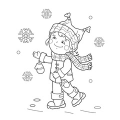 Coloring Page Outline Of cartoon girl rejoicing in the first snow. Winter. Coloring book for kids