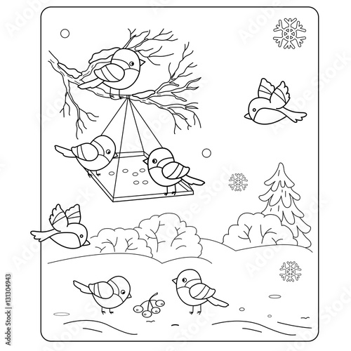 "Coloring Page Outline Of cartoon birds in the winter  