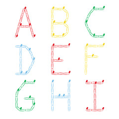 Obraz premium Alphabet from colored paper clips on a pushpin. The letters A, B, C, D, E, F, G. H, I. Vector illustration.