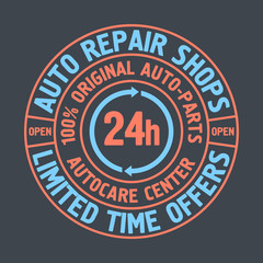 Colored Auto Repair Shops Badge template. Car service label, emblem vector illustration.