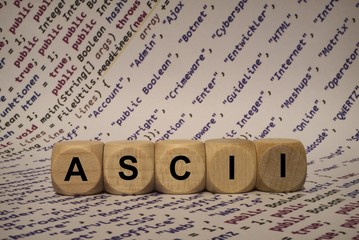ASCII - Wort aus Holz Buchstaben zusammengesetzt. Buchstaben sind vor einem Quellcode Hintergrund plaziert.