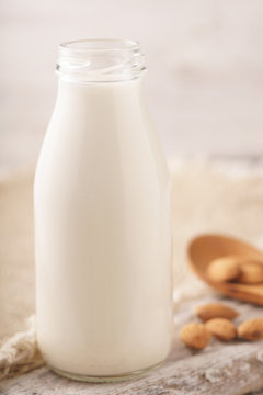 Almond milk in a glass bottle