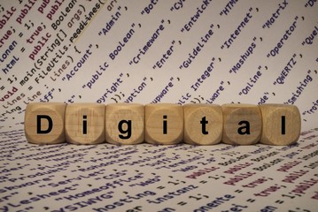 Digital - Wort aus Holz Buchstaben zusammengesetzt. Buchstaben sind vor einem Quellcode Hintergrund plaziert.