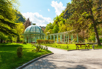 Borjomi Central Historical Park. Georgia. Source with healing mineral water. Beautiful pavilion...