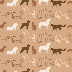 Animal seamless vector pattern of cat and dog silhouettes