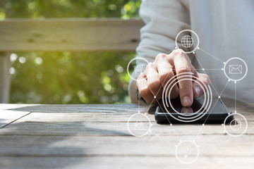 people hand pressing screen of smart phone in social media conce