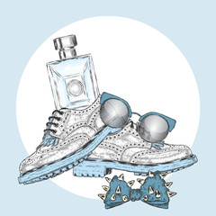 Beautiful shoes and a bottle of perfume. Vector illustration.