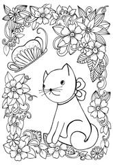 Vector doodle floral frame and little cat