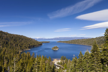 Fototapeta na wymiar Emerald Bay, Lake Tahoe, California. Daytime shot with blue sky.