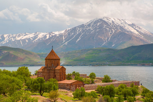 Akdamar Island in Van Lake. The Armenian Cathedral Church of the Holy Cross (from 10th century)