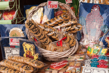 Sales of traditional Christmas sweets on fair. Cookies and candies