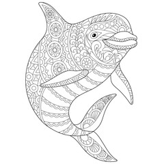 Naklejka premium Stylizowane zwierzę delfinów oceanicznych. Szkic odręczny dla dorosłych kolorowanki antystresowe z elementami doodle i zentangle.