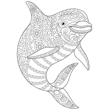 Stylized ocean dolphin animal. Freehand sketch for adult anti stress coloring book page with doodle and zentangle elements.