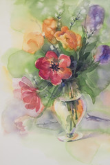 color tulips in vase watercolor background