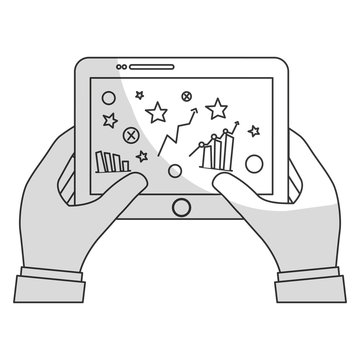 hands holding tablet with graphs on screen icon image vector illustration design 
