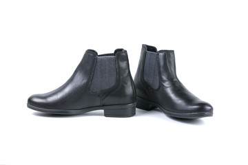 male boots black leather on white background, isolated product, top view