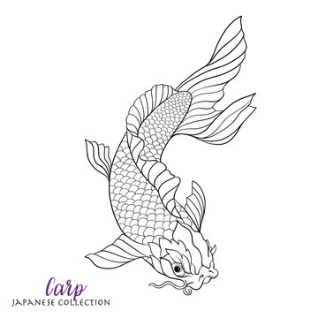 Japanese carp fish. Coloring book for adult. Outline drawing col