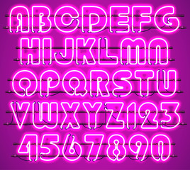 Glowing Purple Neon Alphabet with letters from A to Z and digits from 0 to 9 with wires, tubes, brackets and holders. Shining and glowing neon effect. Every letter or digit is separate unit.