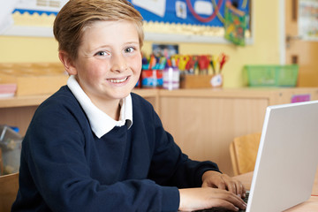 Male Elementary School Pupil Using Laptop In Computer Class