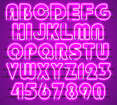 Glowing Purple Neon Alphabet with letters from A to Z and digits from 0 to 9 with wires, tubes, brackets and holders. Shining and glowing neon effect. Every letter or digit is separate unit.