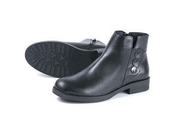 male boots black leather on white background, isolated product, top view