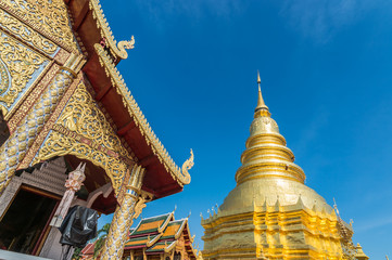 Golden pagoda at Wat Phra That Hariphunchai is a Buddhist temple in Lamphun Thailand