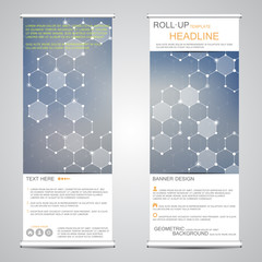 Informative vertical roll up banner, for public and corporate presentations. Abstract background with molecular structure. Vector graphic.
