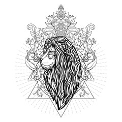 Fototapeta premium Vector ornamental Lion head with sacred geometry. Hand drawn ill