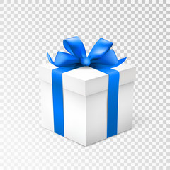 Gift box with blue ribbon isolated on transparent background. Vector illustration.