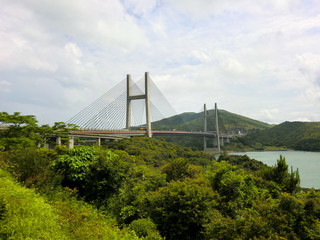 Large suspension bridge in tropical setting