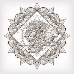 Vector ornamental Lion head with sacred geometry. Hand drawn ill