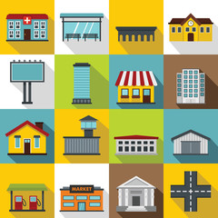 City infrastructure items icons set. Flat illustration of 16 city infrastructure items vector icons for web